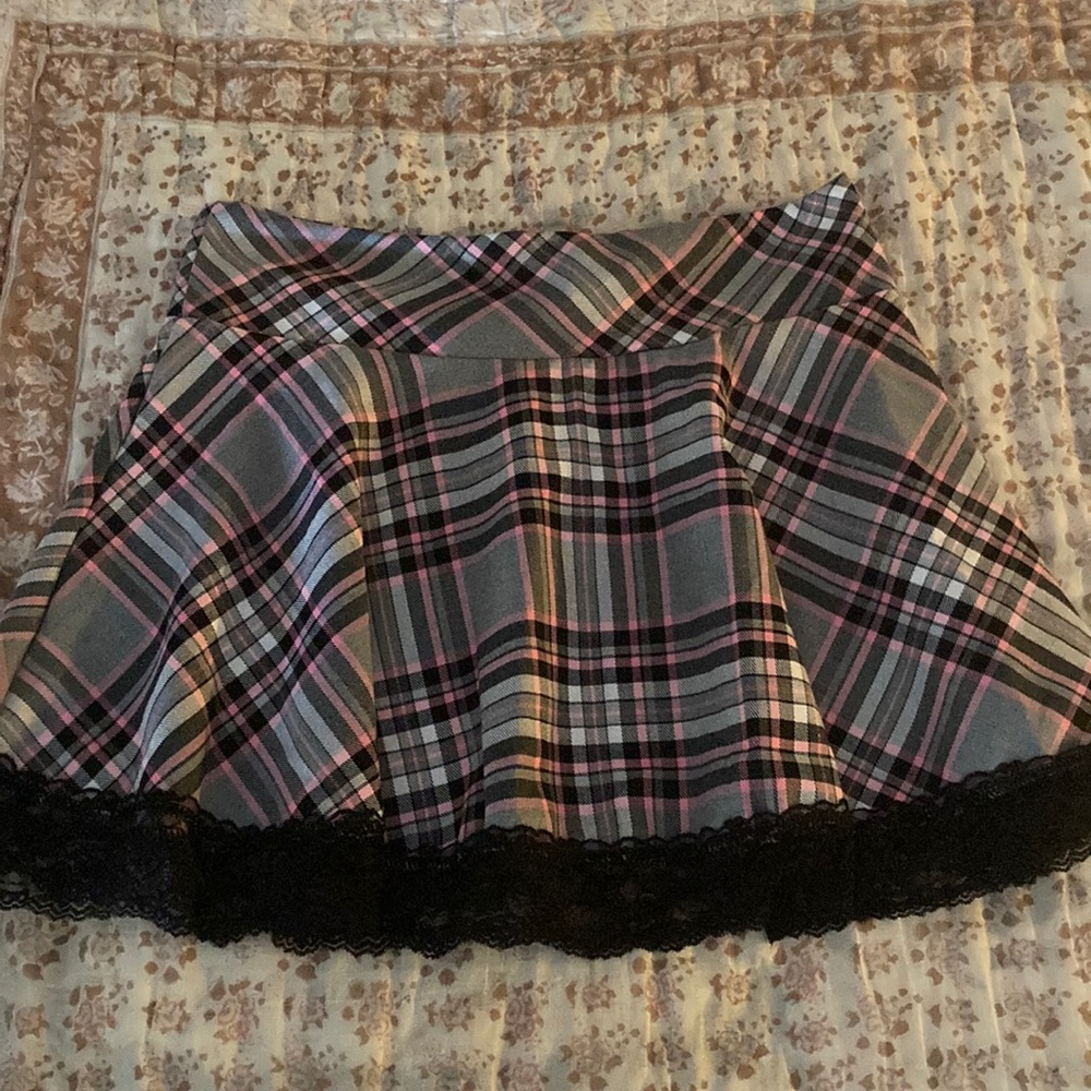 Pink Grey and Black gothic mini skirt with lace trim.